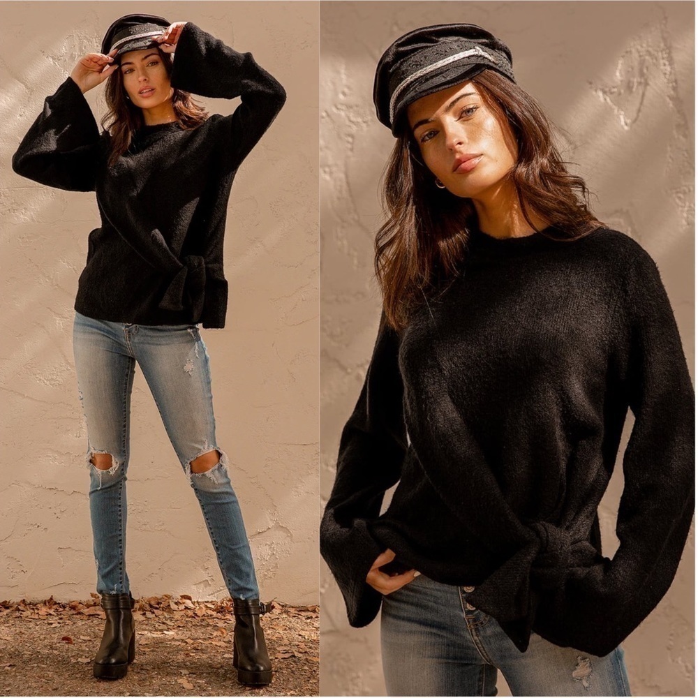 LULU’S Knot Your Average Black Tie Front Sweater
